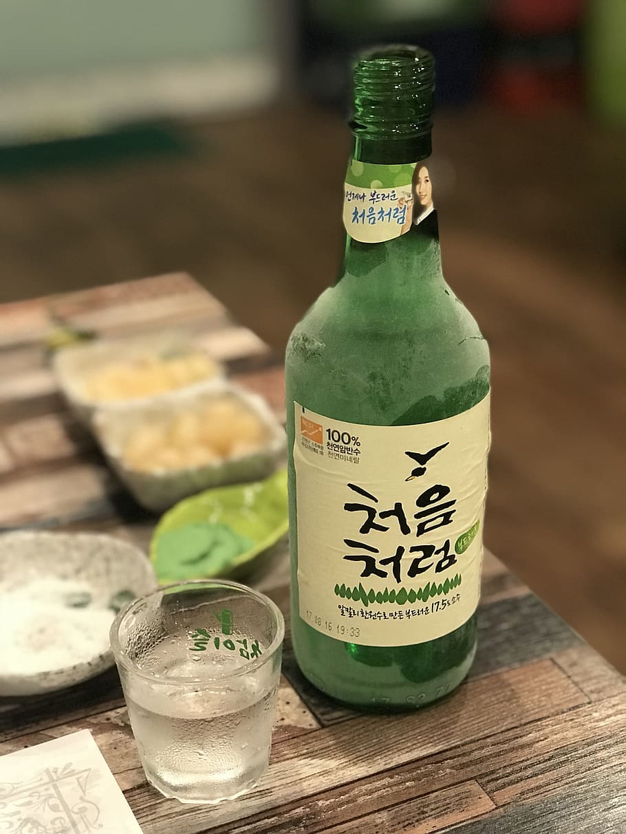 green soju bottle, drink, glass, alcohol, bar, text, container