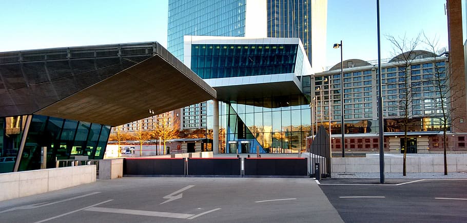 ecb entrance, bank, euro, skyscraper, frankfurt, european central bank, HD wallpaper