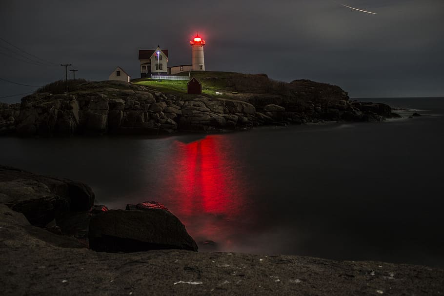 sunset, lighthouse, seashore, water, marine, photo, landscape HD wallpaper
