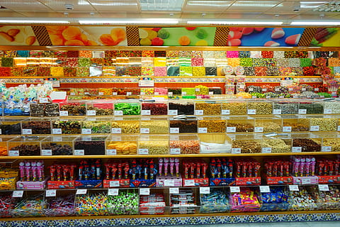 Confectionery, Sale, Candy, Range, sweets assortment, shelf HD wallpaper
