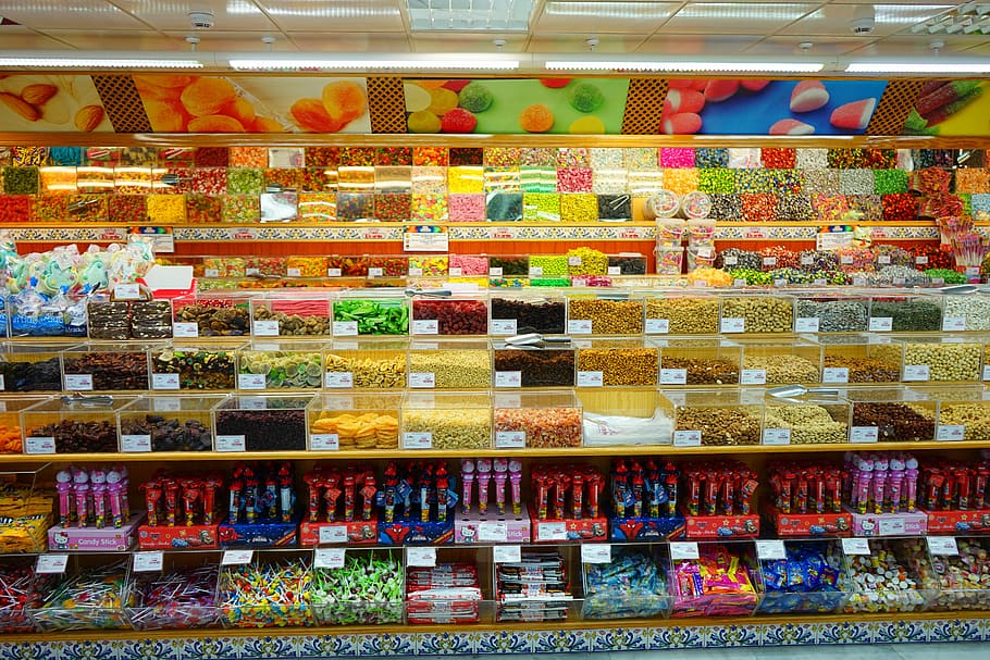 Confectionery, Sale, Candy, Range, sweets assortment, shelf HD wallpaper
