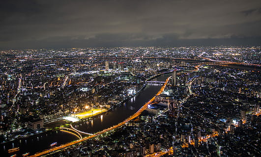 bird's eye view photography of city, aerial photography of lighted city HD wallpaper