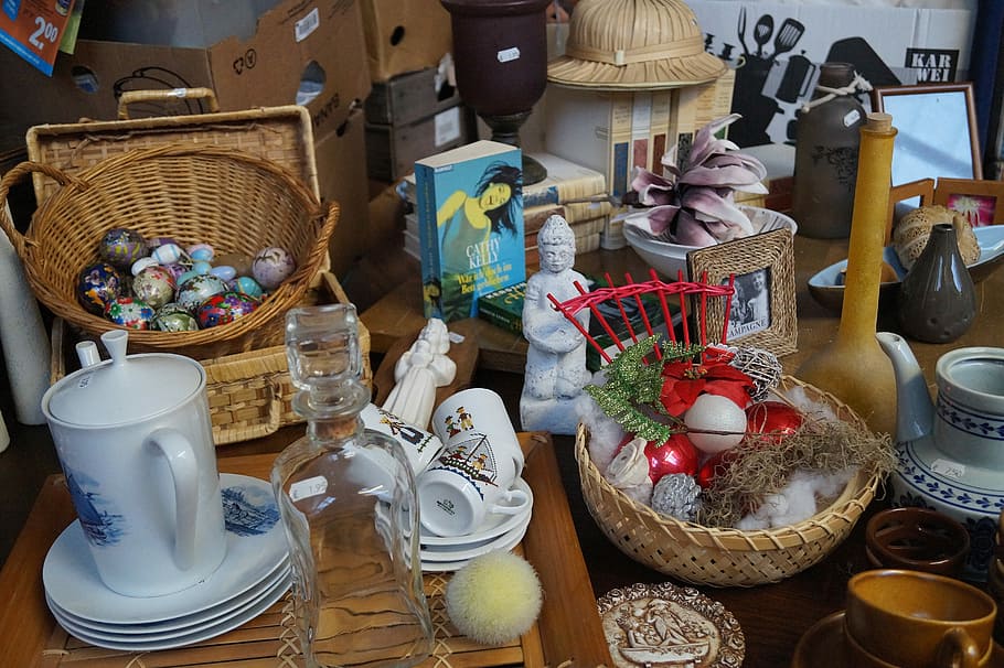 assorted figurines, plates, mugs and jars on table, Flea Market