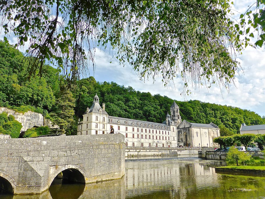 brantome, dronhe river, marouatte, chateau, weir, reflection, HD wallpaper
