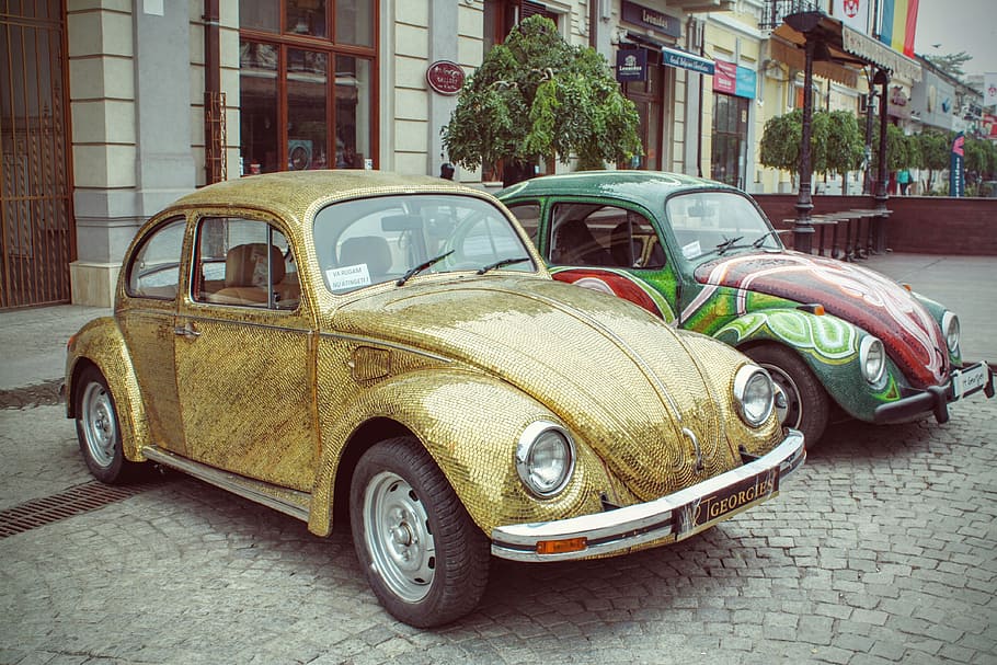 two assorted-color Volkswagen Beetle coupe, volkswagen bag, german car, HD wallpaper