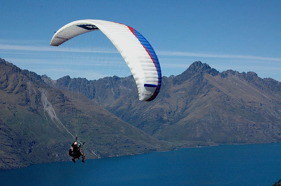 parachute, fly, sky, blue, paragliding, float, mountain, adventure HD wallpaper