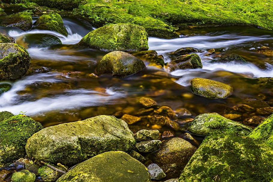 body of water between rocks, river, nature, landscape, stones HD wallpaper