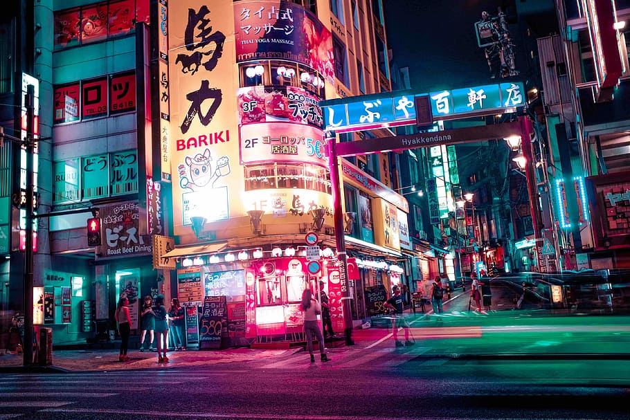 group of people standing on street on night time cartoon, Shibuya crossings during nighttime, HD wallpaper
