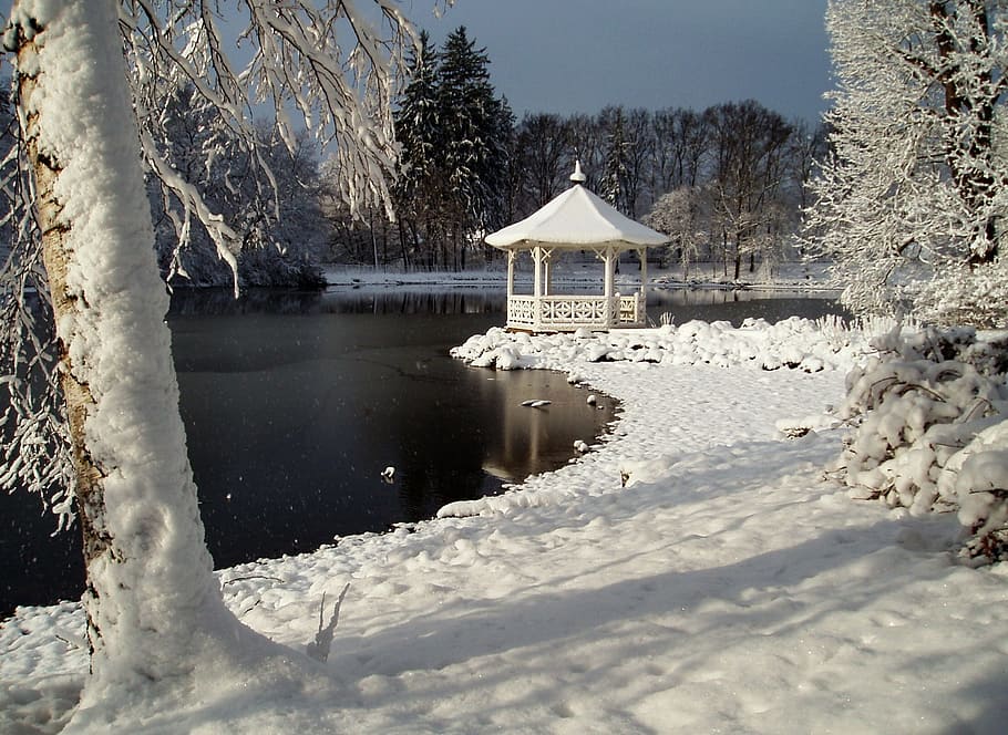 gazebo beside body of water, Bower, Winter, Lake, Landscape HD wallpaper