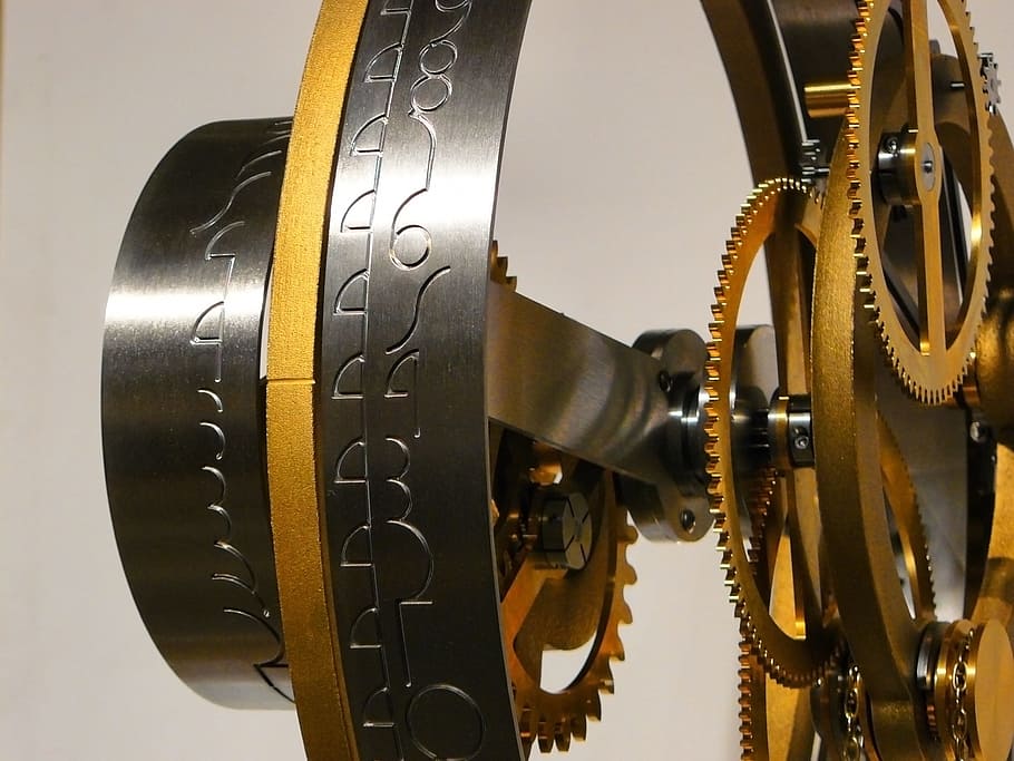 grey and brass-colored mechanical gears close-up photo, clock HD wallpaper