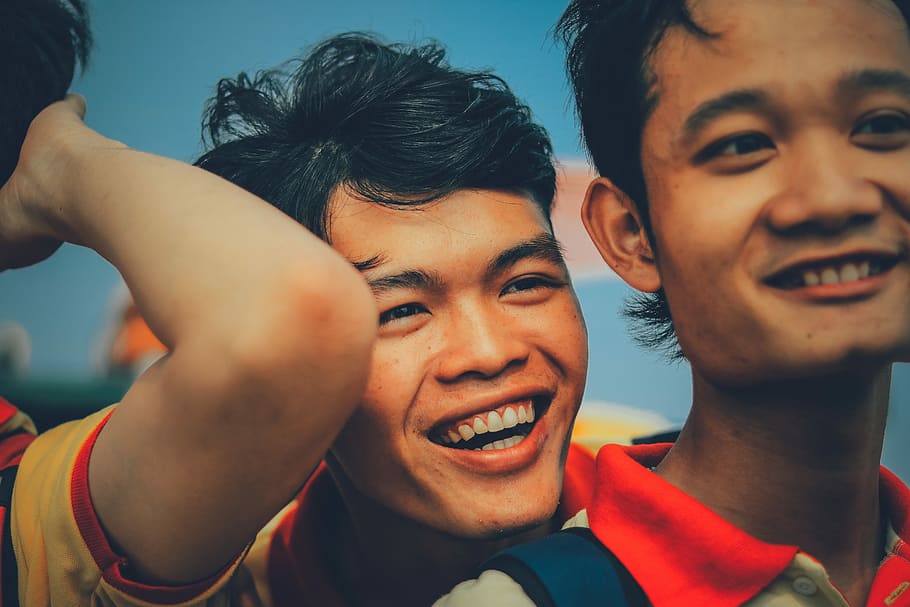 the young, closeup photography of two smiling men, kids, group HD wallpaper