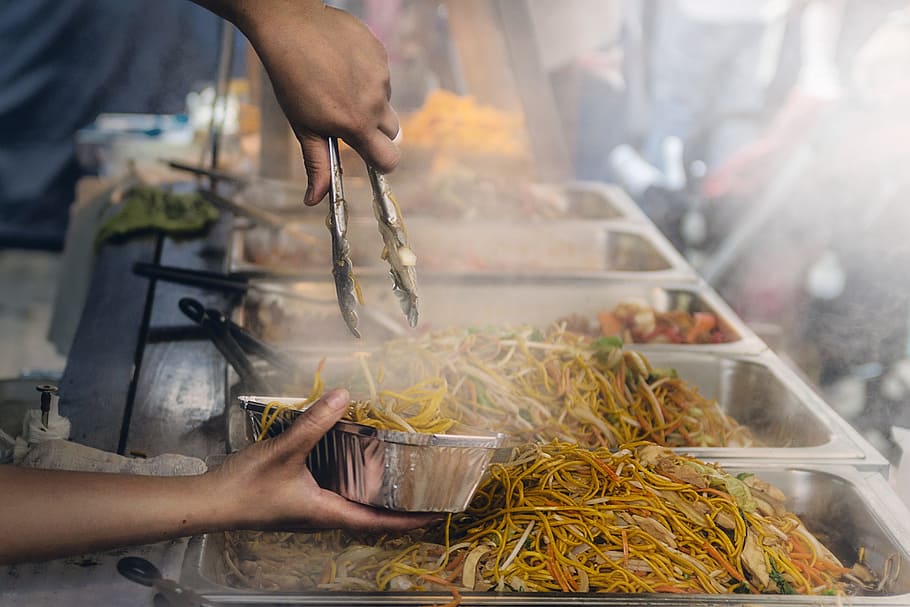 food, buffet, serving, vendor, market, pasta, hands, food and drink HD wallpaper