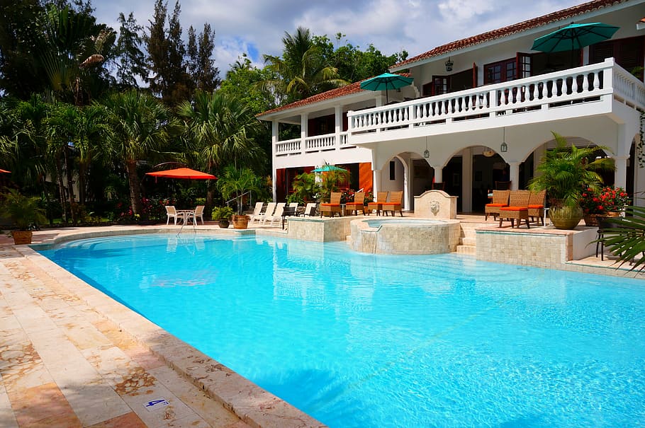 chairs, pool, swimming pool, water, luxury, tourist resort HD wallpaper