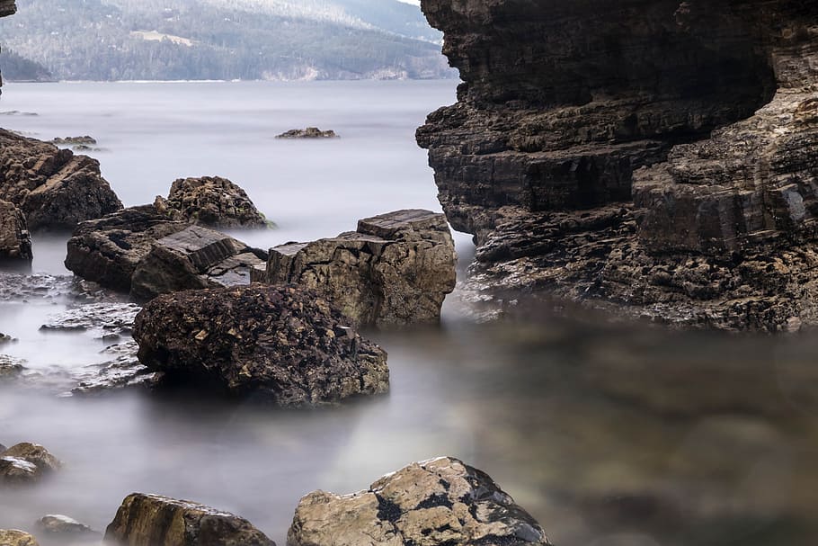 Stones Surrounded of Body of Water, beach, boulder, coast, coastal HD wallpaper