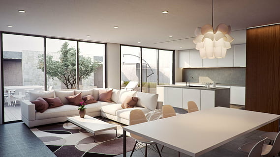 white dining table beside brown curtain, architecture, render HD wallpaper