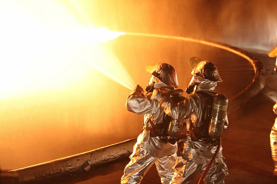 two person wearing Fire fighter uniform, firefighters, training HD wallpaper