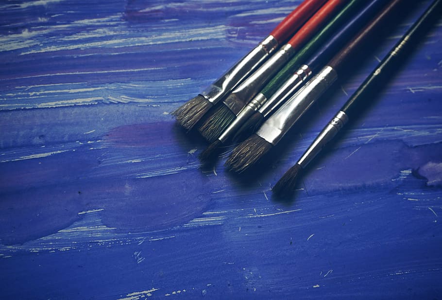 assorted-color paint brushes, art, art supplies, artist, blue, HD wallpaper