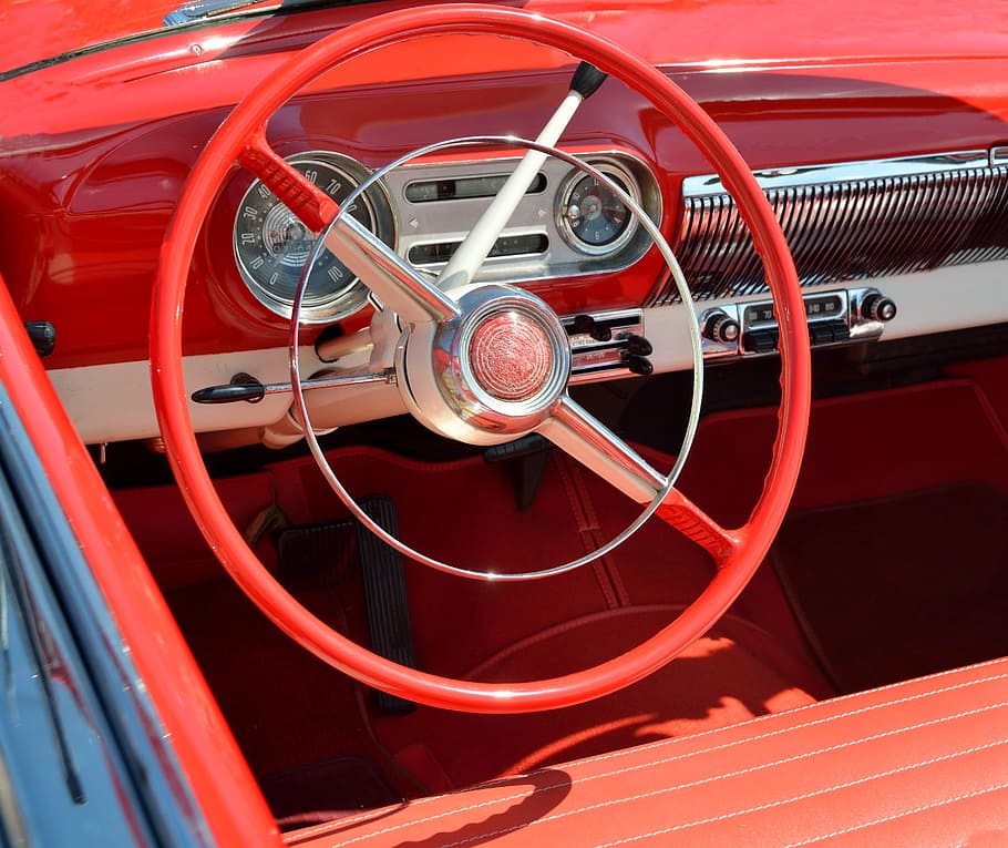 red vehicle steering wheel in close-up photo, car interior HD wallpaper