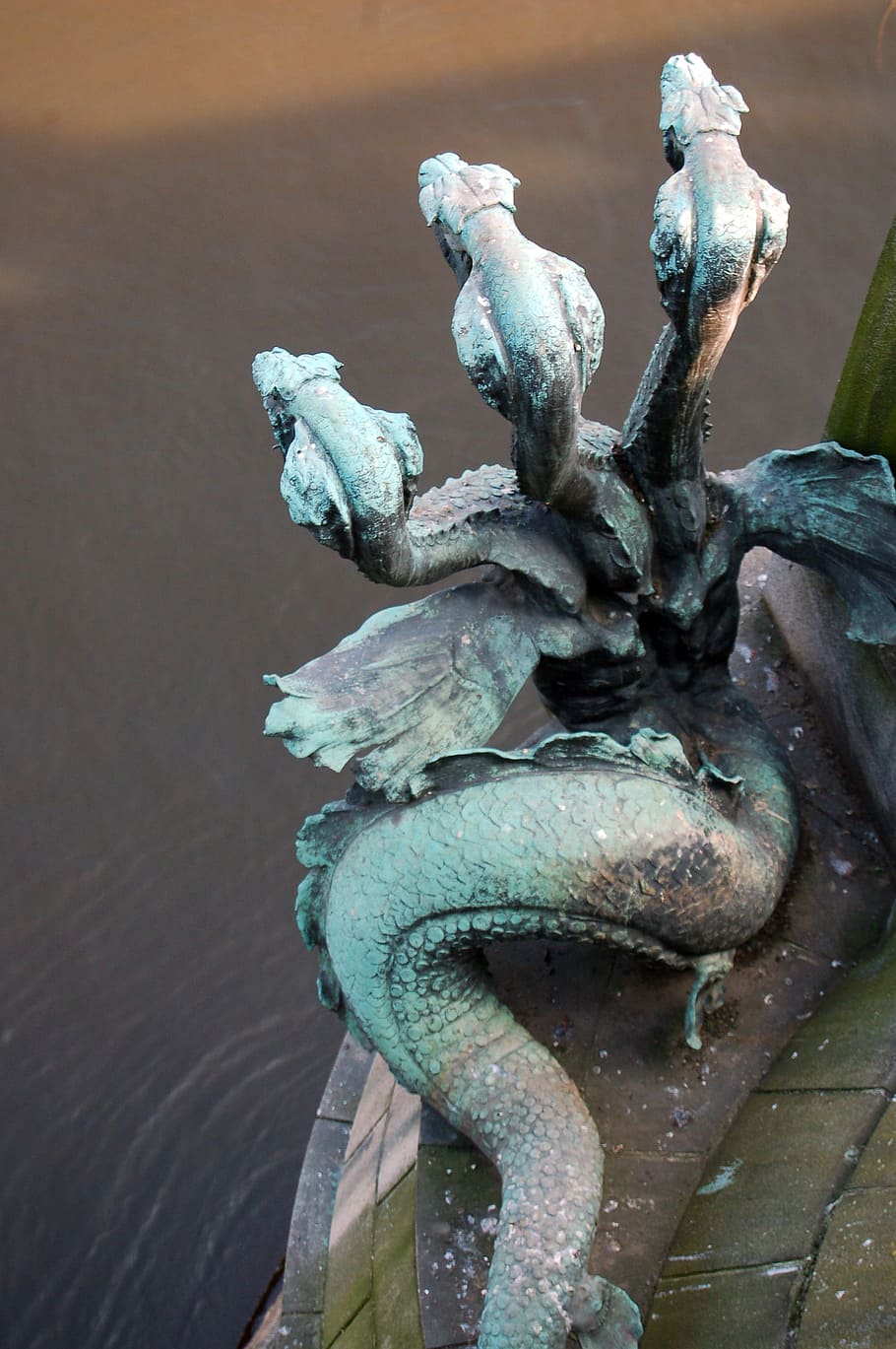 statue, river, bridge, dragon, head, architecture, no people HD wallpaper