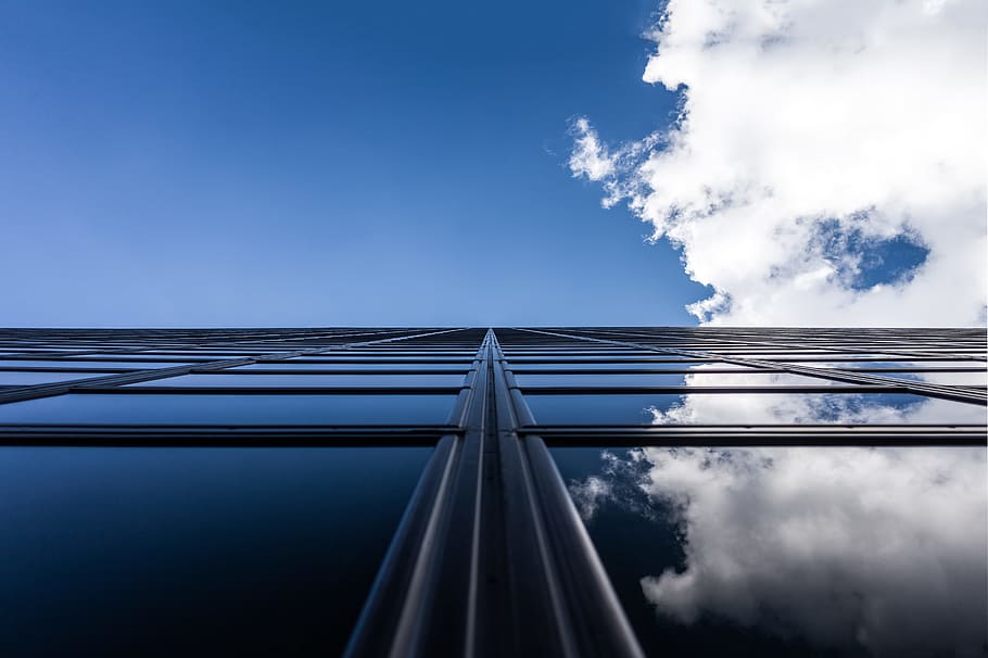 worm's-eye view photo of high rise building, worm's eye view of glass buildings under cloudy blue sky HD wallpaper