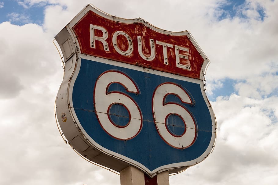 red and geen Route 66 signage, highway, road, drive, trip, travel, HD wallpaper