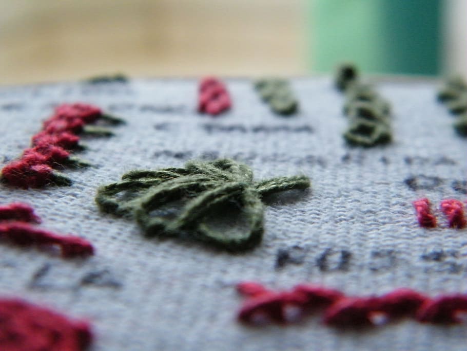 red, green, white, background, blurred, embroidered, flowers HD wallpaper