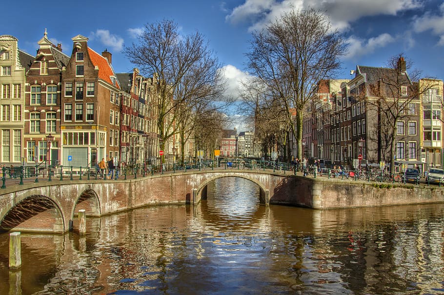 brown concrete bridge, amsterdam, center, town, netherlands, city, HD wallpaper