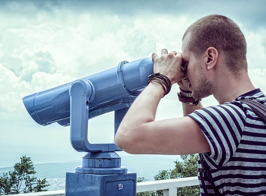 man looking at telescope during daytime, review, viewing platform HD wallpaper