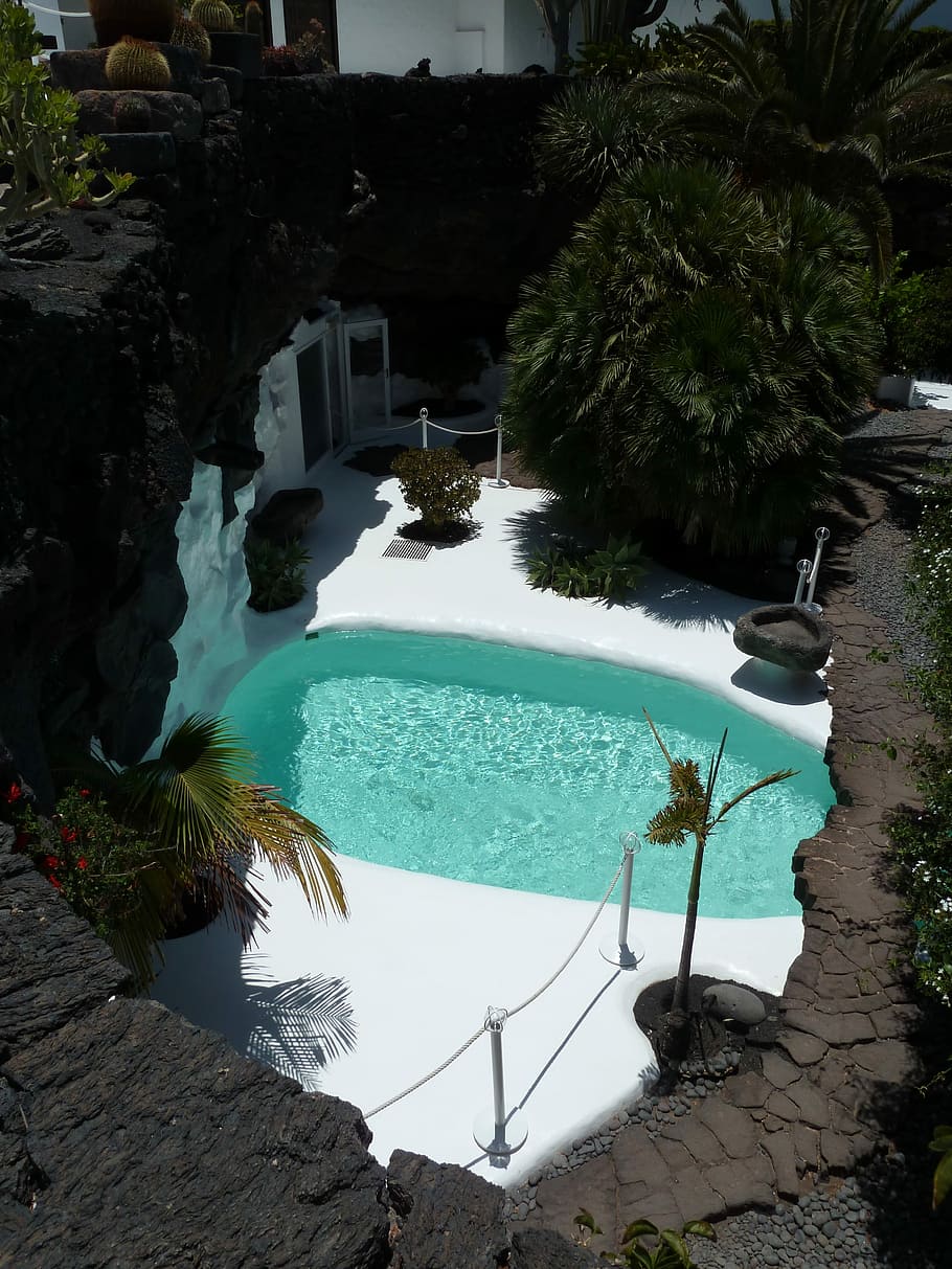 Pool, Rock, Luxury, Field, Sky, Blue, building, swimming pool HD wallpaper