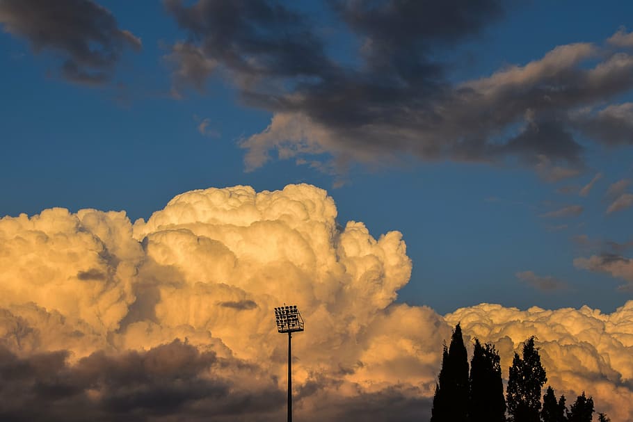 flood light, lighting system, trees, sky, clouds, dramatic HD wallpaper