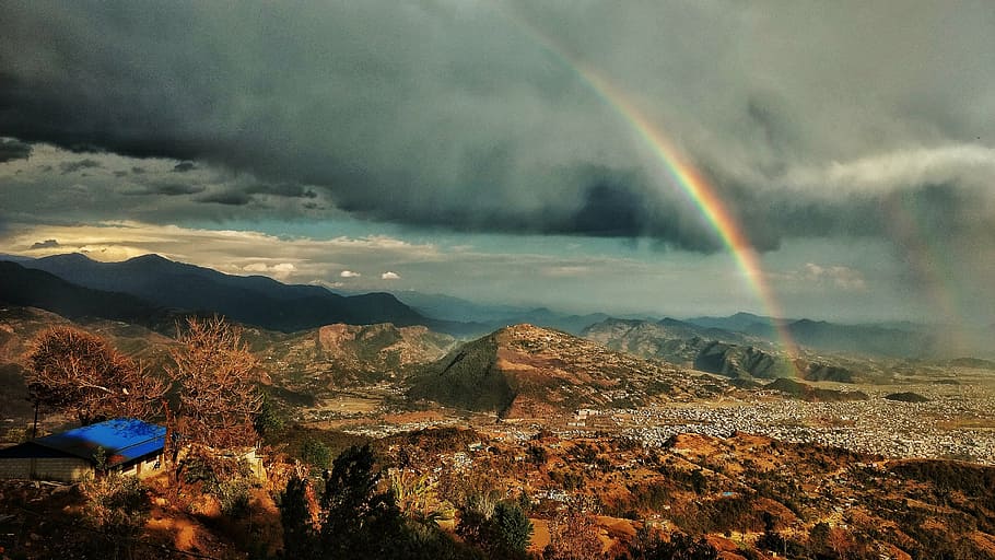 rainbow, sunset, drama, clouds, city, beauty in nature, scenics - nature HD wallpaper