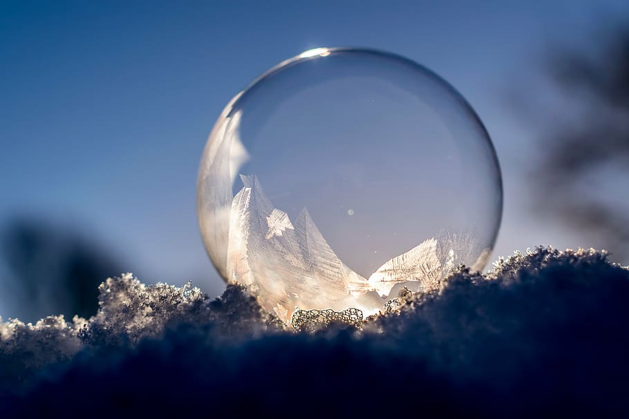 selective focus photography of frozen bubble, soap bubble, winter