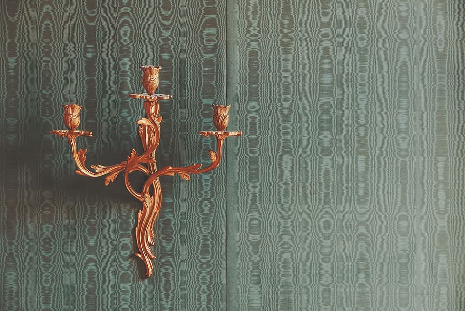 orange candlestick holder, gold steel wall mount candelabra, decoration HD wallpaper