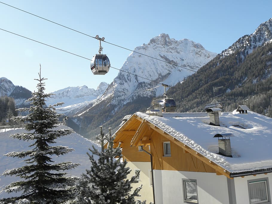 val di fassa, gondola, snow, winter, cold temperature, mountain, HD wallpaper