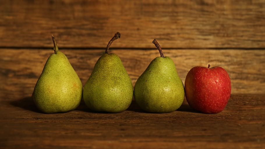 three green pears and red apple, fruit, apples, odd one out HD wallpaper