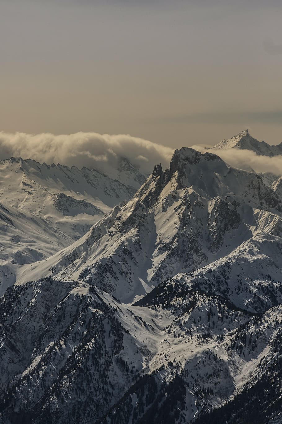 snow coated mountain at cloudy sky, white, capped, covered HD wallpaper