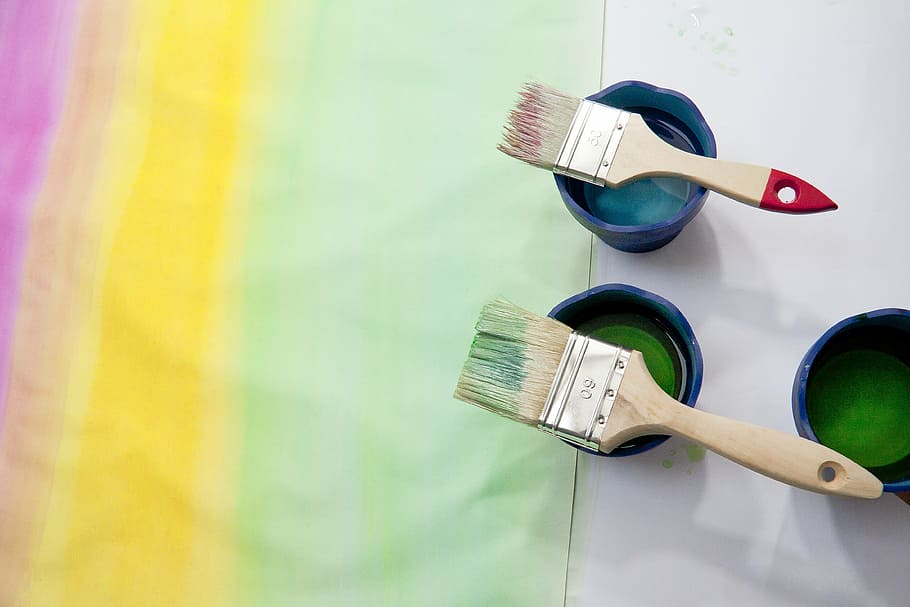 two brown paint brushes on can, course, pink, yellow, green HD wallpaper