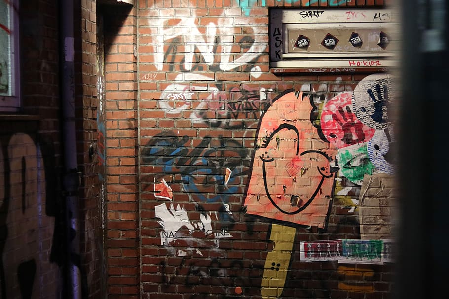 photo of painted brick wall, brick wall with graffiti, urban HD wallpaper