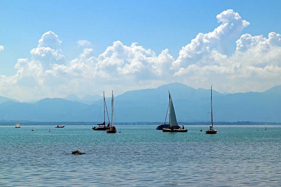 sailing vessel, sailing boat, boot, lake, blue, waters, nature HD wallpaper