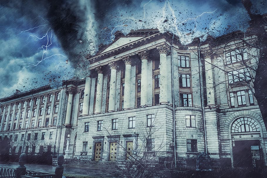 white building digital wallpaper, storm, rain, lightning, weather HD wallpaper