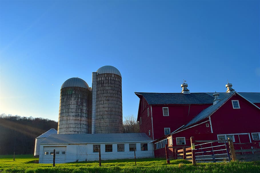 Barn, Silo, Sunset, Shadow, Light, Sky, field, farm, rural HD wallpaper