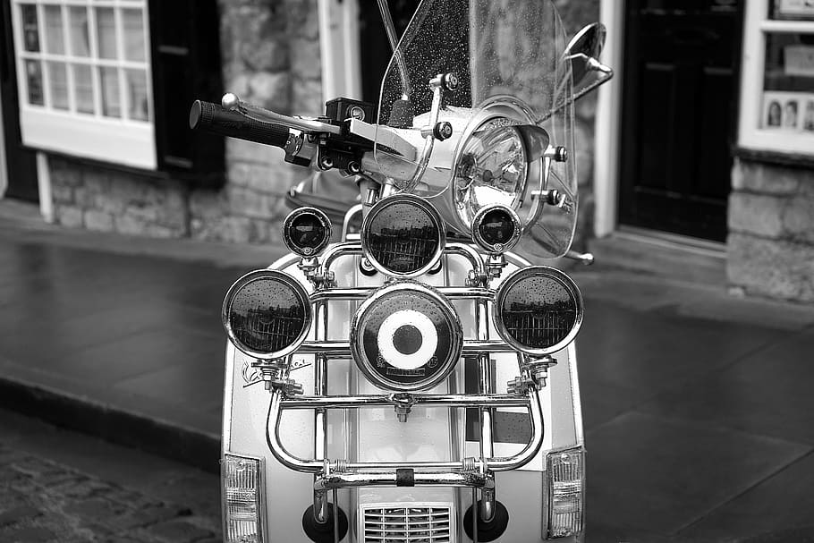 grayscale photo of parked motorcycle, scooter, 1960s, retro, vehicle, HD wallpaper