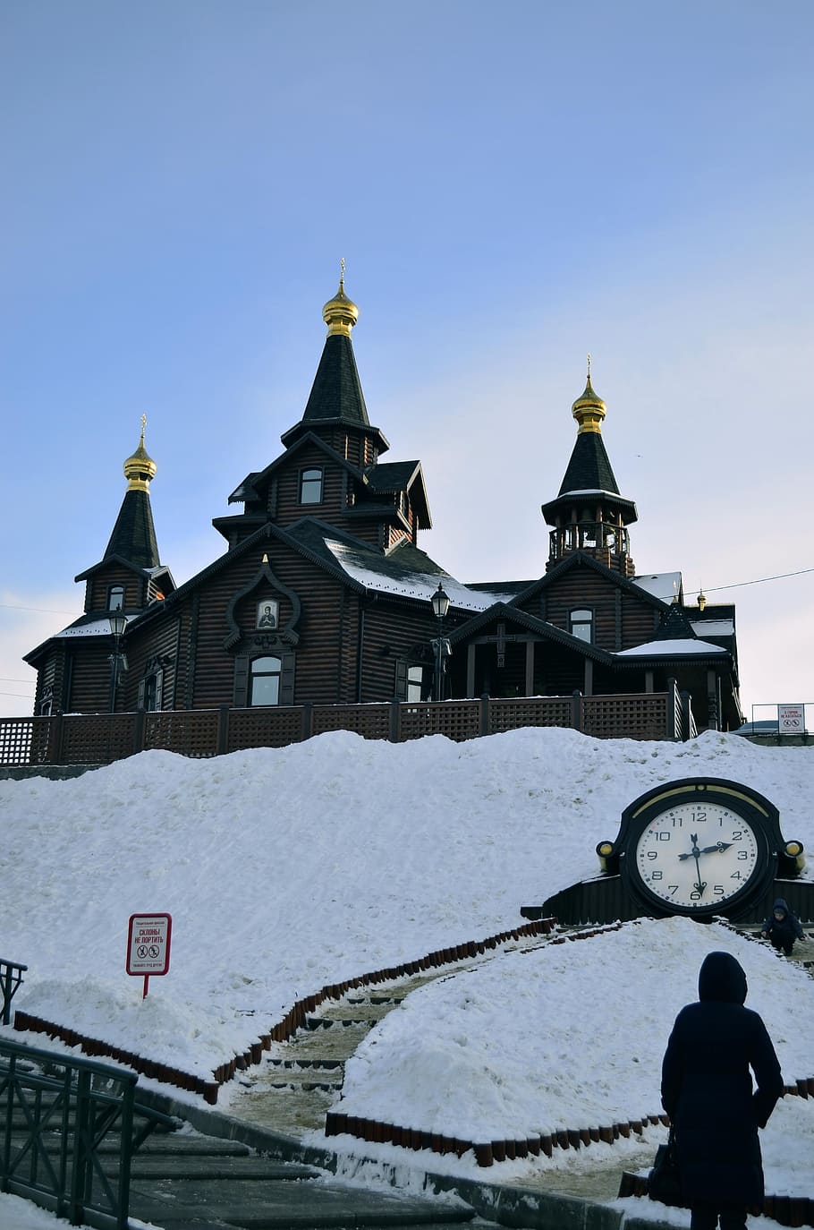 winter, church, clock, ladder, sky, dome, temple, architecture, HD wallpaper