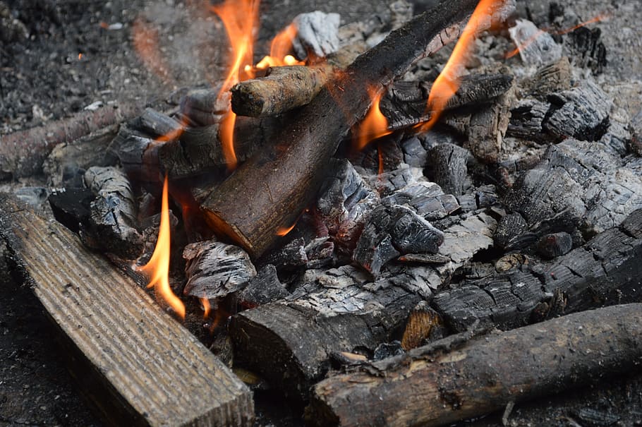 fire, campfire, flame, adventure, burn, heat, embers, charcoal HD wallpaper
