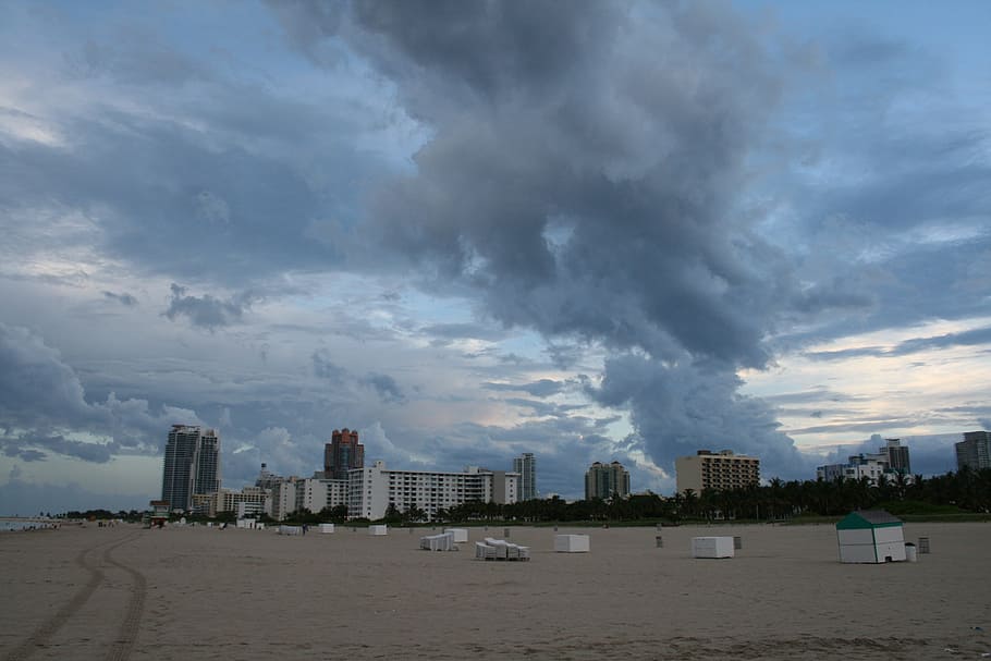 miami, beach, skyline, florida, clouds, night, cloud - sky, HD wallpaper