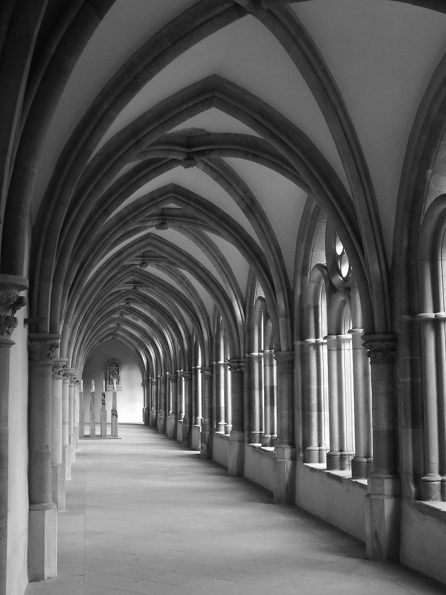Dom, Trier, Cloister, Black, Black And White, church, house of worship, HD wallpaper