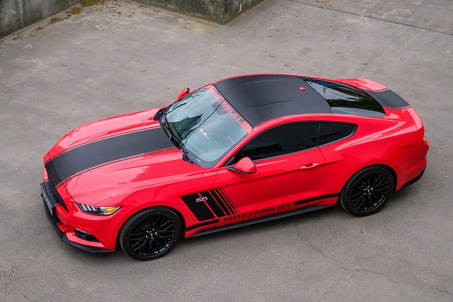 HD wallpaper: red and black Ford Mustang near house, Mustang, Gt, Usa ...