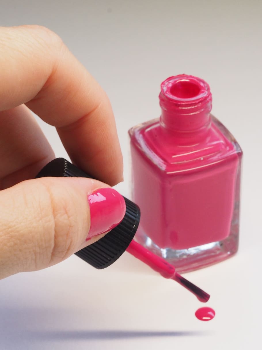 person holding pink nail polish brush, treatment, bright pink, HD wallpaper