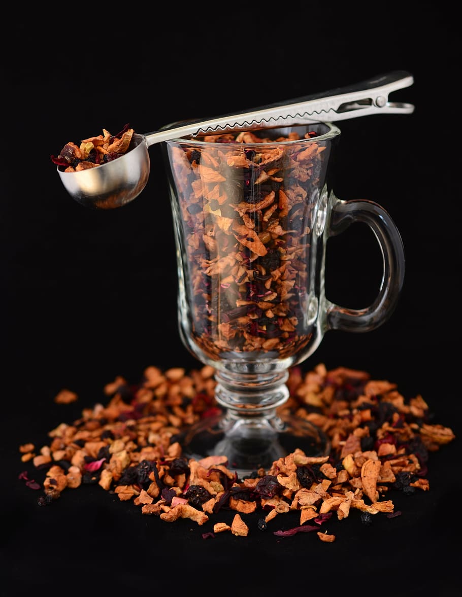 fruit tea, glass, tee, spoon, dried fruit, aromatic, cup, drink HD wallpaper