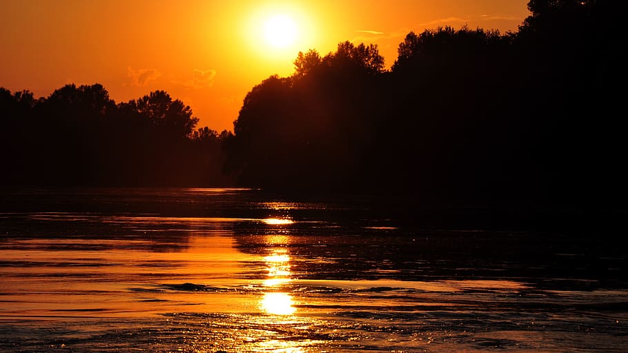 drava, sunset, river, water, sky, reflection, orange color HD wallpaper
